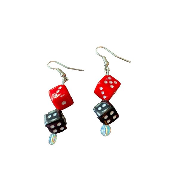Set of Dice Hanging Earrings Dangle French Hook Black & Red Very Nice Handmade - Picture 2 of 5